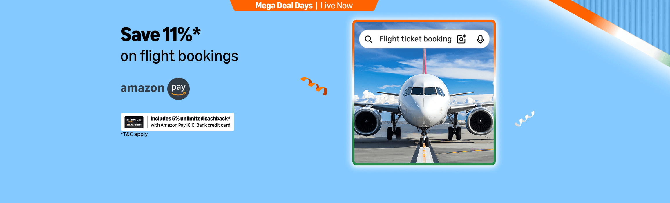 Mega Deal Days — save 11% on flight bookings with Amazon Pay